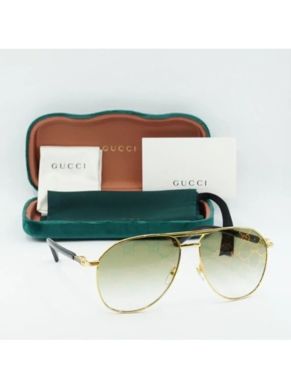 Gucci GG1220S 004 Aviator Sunglasses – Gold/Green with Pattern